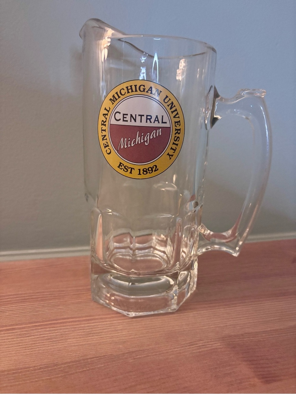 Clear Glass Beer Stein with Maroon and Gold Seal